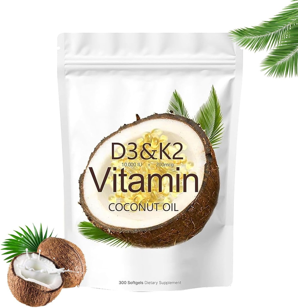 Vitamin D3 K2 Supplement Softgels, 10000 IU D3 + 200 mcg K2, Non-GMO, Glutenfrei, Sojafrei, 300 Count