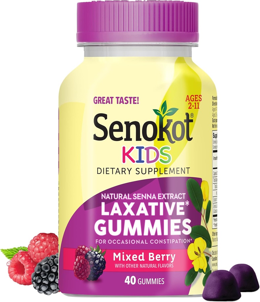 Senokot Kids Mixed Berry Laxative Gummis für Alter 2+, Senna Extract for Gentle, Overnight Relief from Occasional Constipation, 40 ct