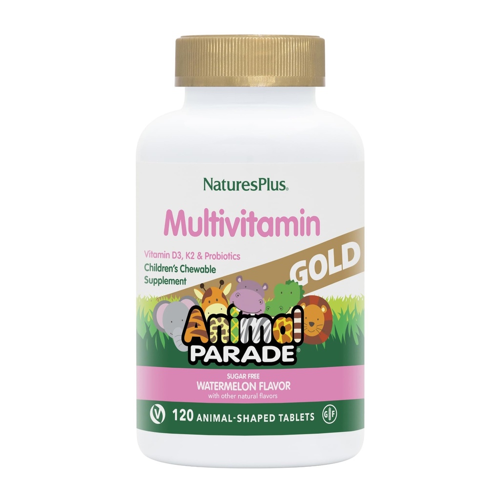 Natures Plus Animal Parade Gold Multivitamin Kinder Chewables - Watermelon Flavor - 120 Tier-Shaped Tablets - Vitamin D3, K2 & Probiotics - Vegan, Glutenfrei - 60 Gesamt Servietten