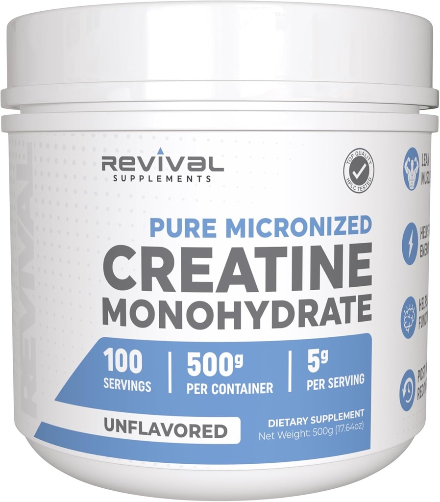 Revival Premium Micronized Creatine Monohydrat - HPLC Tested 100% Pure Grade - 500g (100 Portionen) - Unterstützt Lean Muskelwachstum - Maximale Absorption - Entflammt - Made in USA & 3rd Party Lab Tested