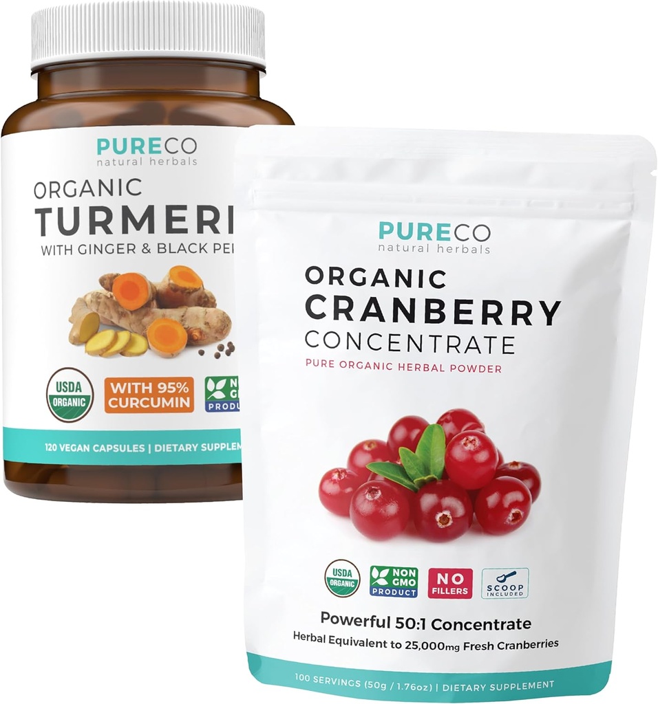 Turmeric & Cranberry Pulver (3-Monats-Versorgung) Berry Turmeric Blend Bundle Organic Turmeric Curcumin mit Black Pepper & Ginger (120 Caps) & Organic Cranberry Konzentrat Pulverextrakt (100 Scoop)