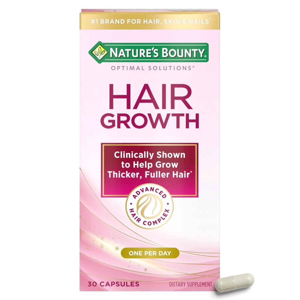 Nature's Bounty Optimal Solutions Supplément de croissance des cheveux avec Biotin, Vitamines de croissance des cheveux avec Biotin Silicon & Arginine, 1 par jour, 30 capsules, 1 mois d'approvisionnement
