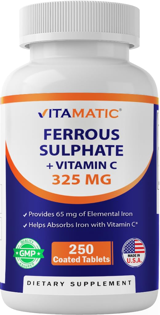 Vitamatic Ferrous Sulfat 325 mg mit Vitamin C 100 mg (65 mg Elemental Iron) – High Potency Iron Supplement – keine künstlichen Farben – 250 beschichtete Tabletten, Made in USA