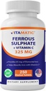 Vitamatic Ferrous Sulfat 325 mg mit Vitamin C 100 mg (65 mg Elemental Iron) – High Potency Iron Supplement – keine künstlichen Farben – 250 beschichtete Tabletten, Made in USA