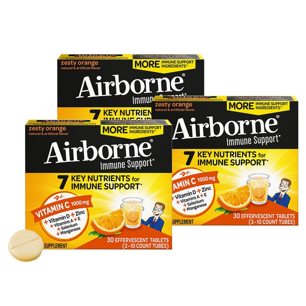 Airborne 1000mg Vitamin C + Zink-Zucker Kostenlose Multivitamin Immununterstützung Effervescent Fizzy Drink Tablets, Zesty Orange Flavor mit leistungsstarken Antioxidantien Vitamine A C & E, 30 Tabletten (3 Pack)