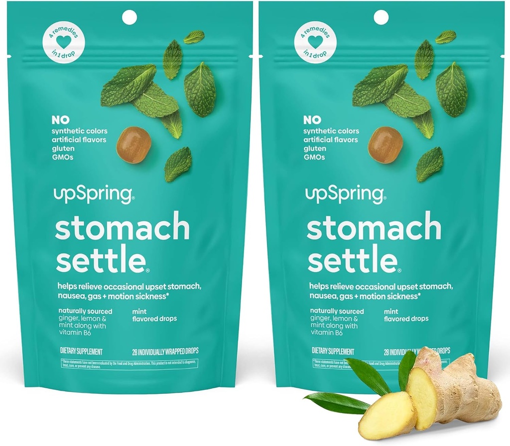 UpSpring Stomach Settle Drops für Occasional Nausea Relief, Upset Stomach und Motion Sickness mit Ginger, Lemon, Spearmint und B6, Mint Flavor Drops, 56ct (Pack von 2)