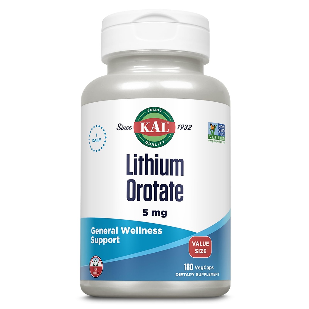 KAL Lithium Orotate 5mg, Lithium-Ergänzung mit niedriger Dosis für allgemeine Wellness-Stimmung, hoch bioverfügbar, vegan, 60-Tage-Garantie, 180 Portionen, 180 VegCaps