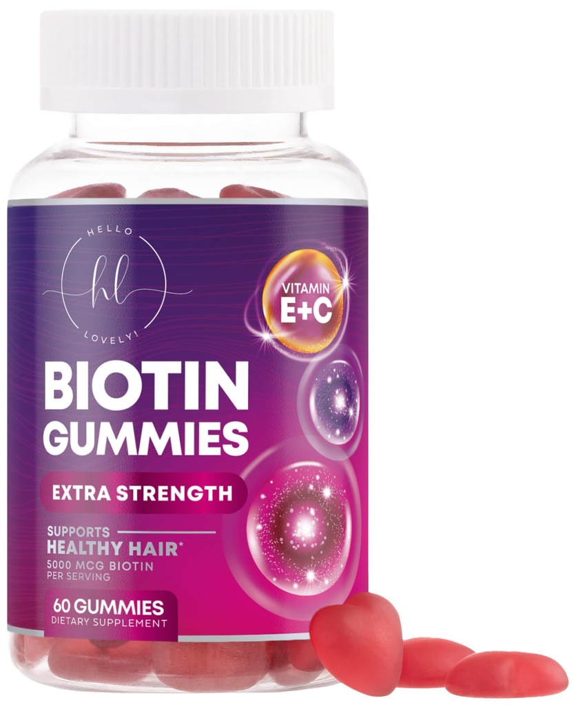 Haar Vitamine Gummy mit Biotin 5000 mcg - Haarwachstumsunterstützung mit Vitaminen E & C für Thicker, Stronger & Beautiful Hair - Haar Haut und Nägel Vitamin für Frauen, Non-GMO, Glutenfrei - 60 Gummi