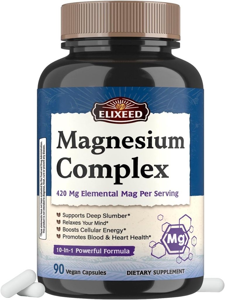 Supplément complexe de magnésium chélaté 960mg par portion, 10 formes, Glycinat de magnésium, Citrate, Malate, Taurate et plus, Soutien Sommeil et énergie, Haute absorption, 90 bouchons végétaliens