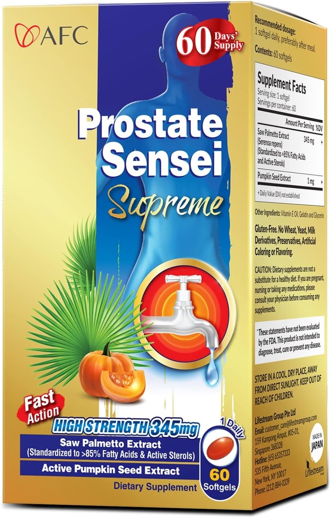AFC Japon Prostate Sensei Supreme – Supplément Palmetto Saw pour les hommes avec acides gras et stérols – soutient le flux urinaire, la fonction Bladder, la santé des cheveux – formule de soutien de la prostate naturelle, 2 mois d'approvisionnement