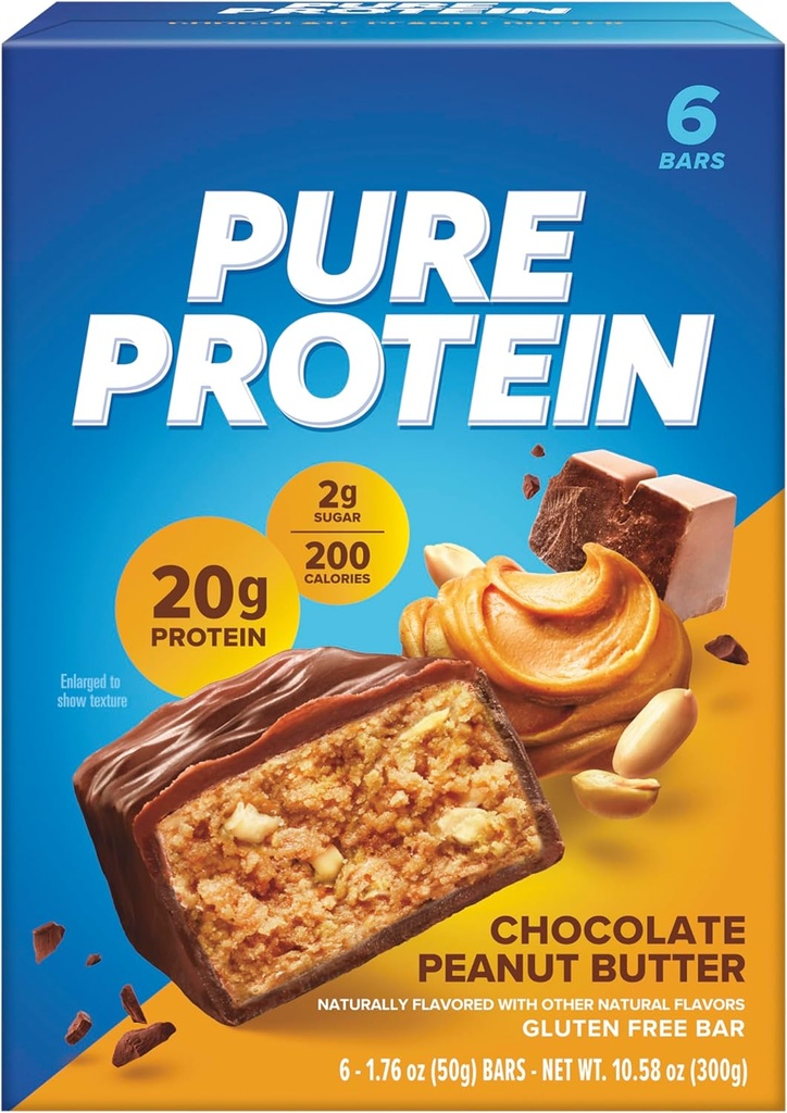 Pure Protein Bars, High Protein, Nutritious Snacks, um Energie zu unterstützen, Low Sugar, Glutenfrei, Schokolade Peanut Butter, 1.76 Oz (Pack von 6)