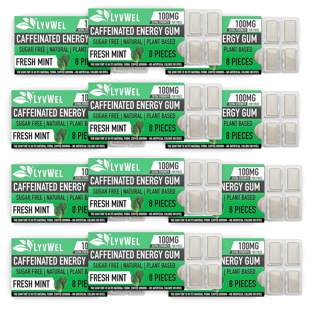 LyvWel Energy Gum | 100mg Koffein pro Edelstein | All Natural | Sugar-Free Pre-Workout Boost: Ihre essentielle Energie-Ergänzung zu bleiben Awake- Karton 12 Pack (Mint- 12 Pack)