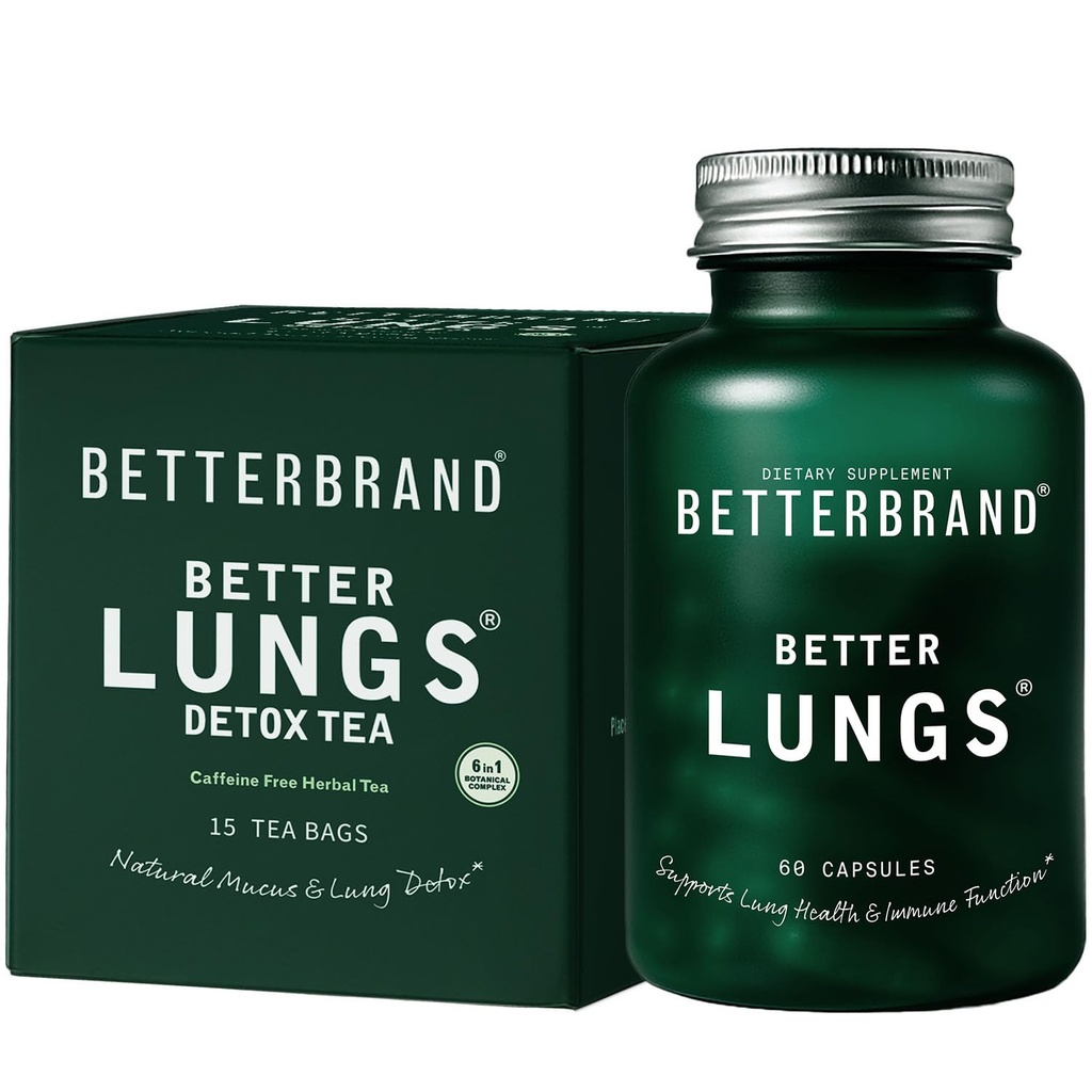 Betterbrand Better Lungs Health Pack - BetterLungs & BetterLungs Detox Tea Bundle - Daily Resporatory Health Supplement - 15X Kräutertee Taschen + 60 Kapseln