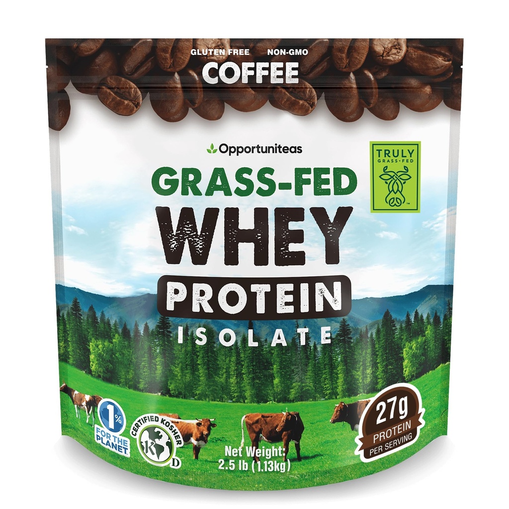 Opportuniteas Café de fer à l'herbe Poudre Isolée aux protéines - 27g Poudre aux protéines sans édulcorants artificiels, vaches sans hormones, non OGM - 2,5lb