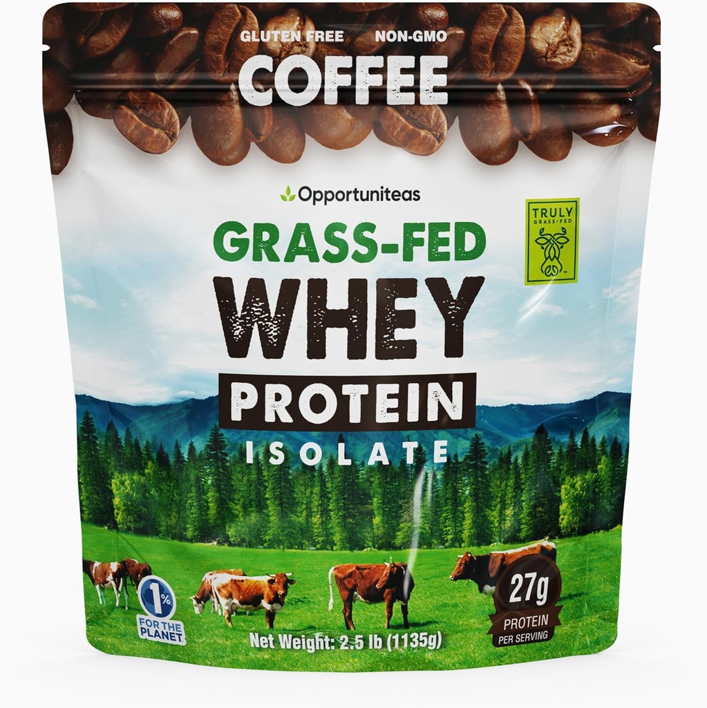 Opportuniteas Grass Fed Coffee Whey Protein Isolate Powder - 27g Protein Powder Without Artificial Sweeteners, Hormone-Free Cows, Non GMO - 2.5lb