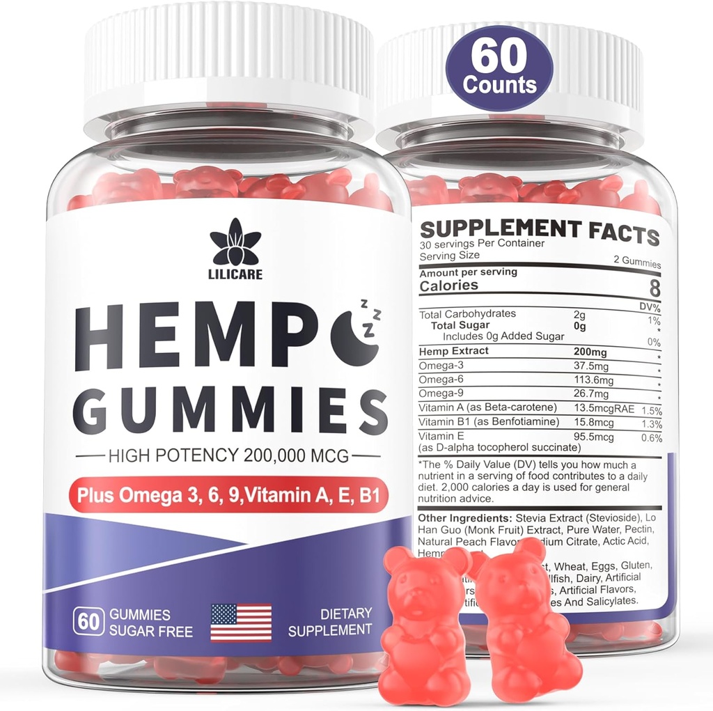 HanfTotal Hanf Gummis 200mg, hohe Potenz Vegan Hanföl mit Omega 3 6 9, Vitamin A、E & B1, Zero Sugar, 60 Gummis, 30 Servietten