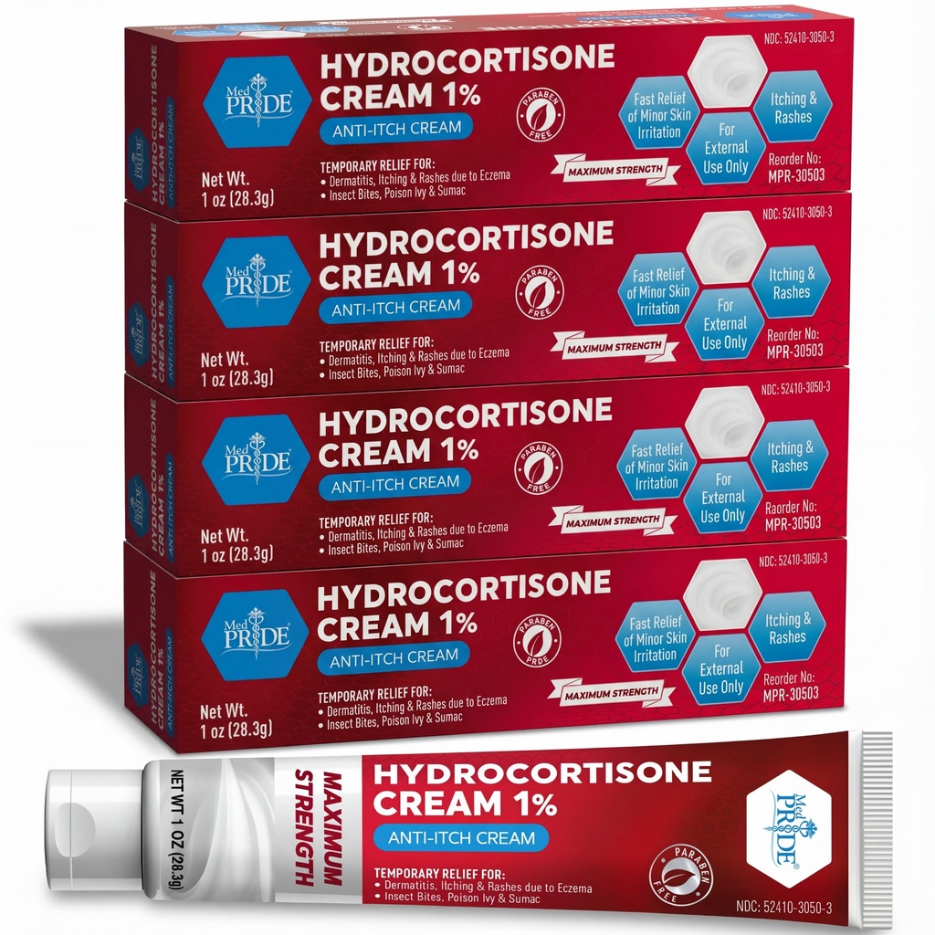 MED Pride Hydro Cortisone (Hydrocortisone) Crème 1 % en vrac OTC Pack de 4 X 1 Oz Onguent anti-Itch pour Rash, Eczema, Bug Bites