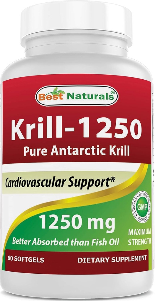 Best Naturals Pure Antarctic Krill Oil 1250 mg (Triple Strength) mit Omega-3s EPA, DHA und Astaxanthin 60 Softgels
