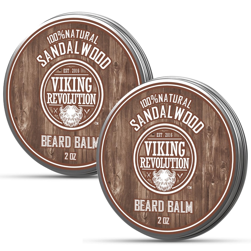 Viking Revolution Sandalwood Bart Balm - Bart Butter mit Argan Öl, Bart Weichmacher für Männer mit Jojoba Öl - Bart Moisturizer für Männer mit Bienenwachs - Bart Wachs für Männer (2oz, 2 Pack)