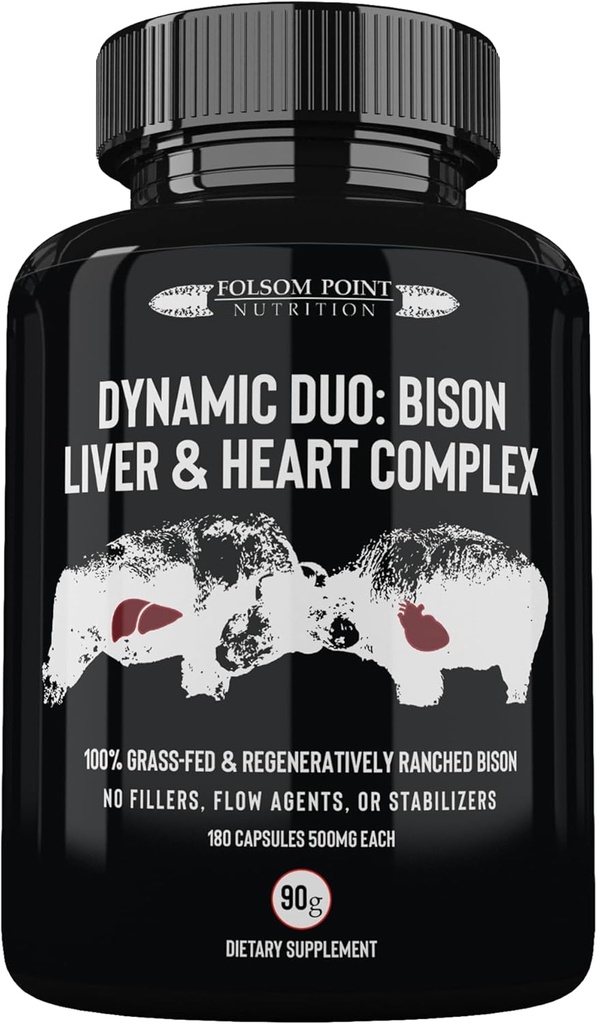 Dynamic Duo: 100% Gras-Fed Bison Liver & Heart Complex | Desiccated Bison Liver and Heart Pill Supplement (Single Bottle) | Made in USA