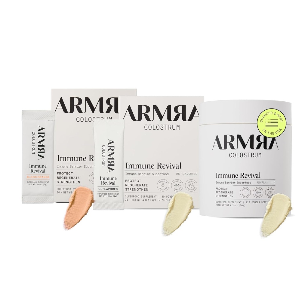 ARMRA ColostrumTM Premium Powder, Gras Fed, Gut Health Bloating Immunität Haut & Haar, Enthält 400+ Bioaktive Nährstoffe, Keto, Gluten & Fett frei (Blood Orange, Unflavored Bundle | 180 Servierungen)