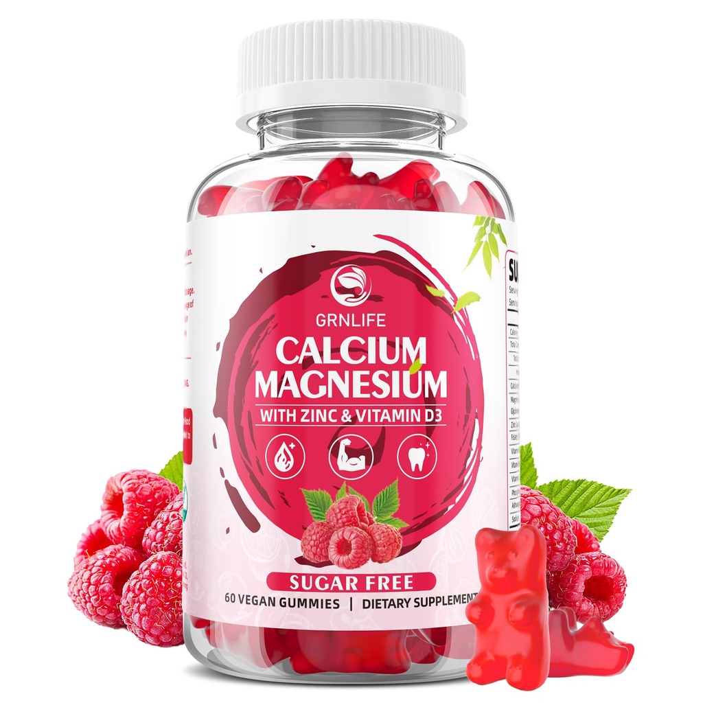 Gommies de zinc de magnésium de calcium avec vitamine D3, Gommies de calcium sans sucre pour les femmes hommes, Arôme framboise - 60 Compte