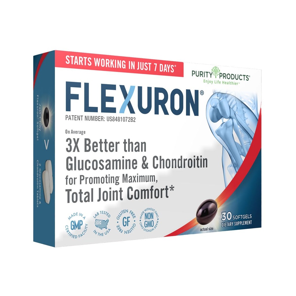 Produits de pureté Flexuron Formule articulaire 3X Mieux que la glucosamine et la chondroïtine - commence à travailler en seulement 7 jours - Huile de krill, faible poids moléculaire Acide hyaluronique, Astaxanthine - 30 Compte (1)