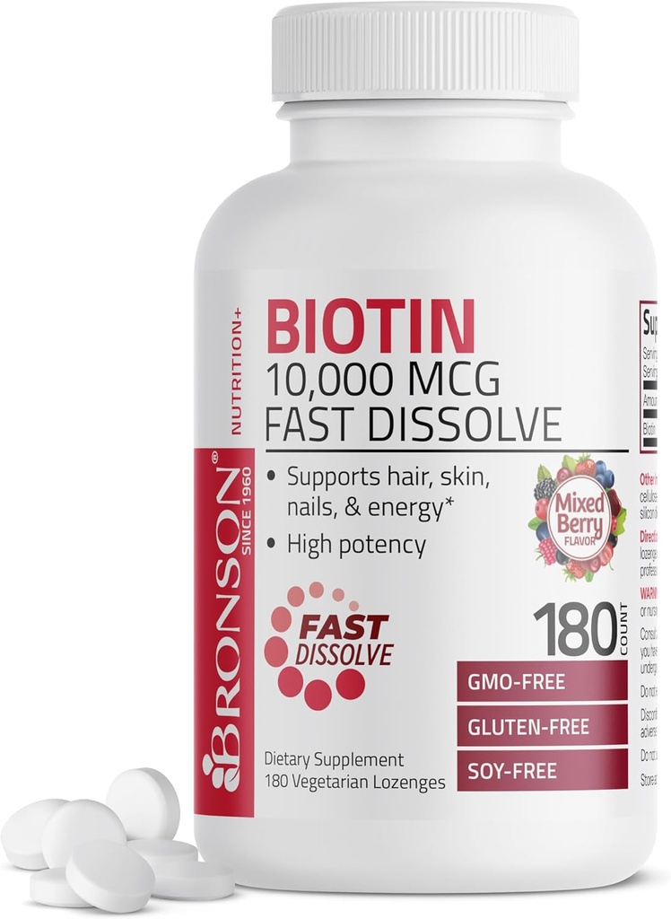 Bronson Biotin 10.000 MCG Lozenges Fast Dissolve High Potency unterstützt Haar, Haut und Nägel gemischte Berry Flavor - Non-GMO, 180 Vegetarische Lozenges