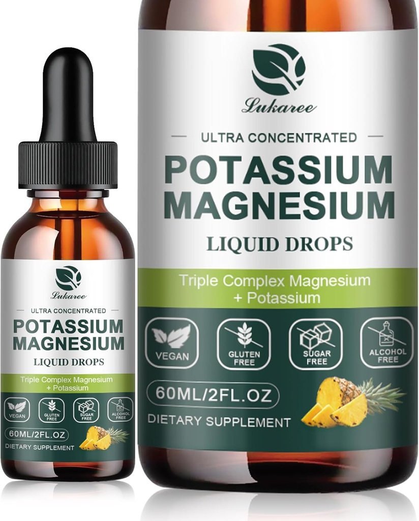 Potassium supplément de magnésium liquide avec/Triple complexe Magnésium Glycinate et Potassium Plus Omega 3, Moss de mer, Graines noires, D3K2 & Calcium pour Zzz, Crampes des jambes et Muscle-4 FL OZ goutte