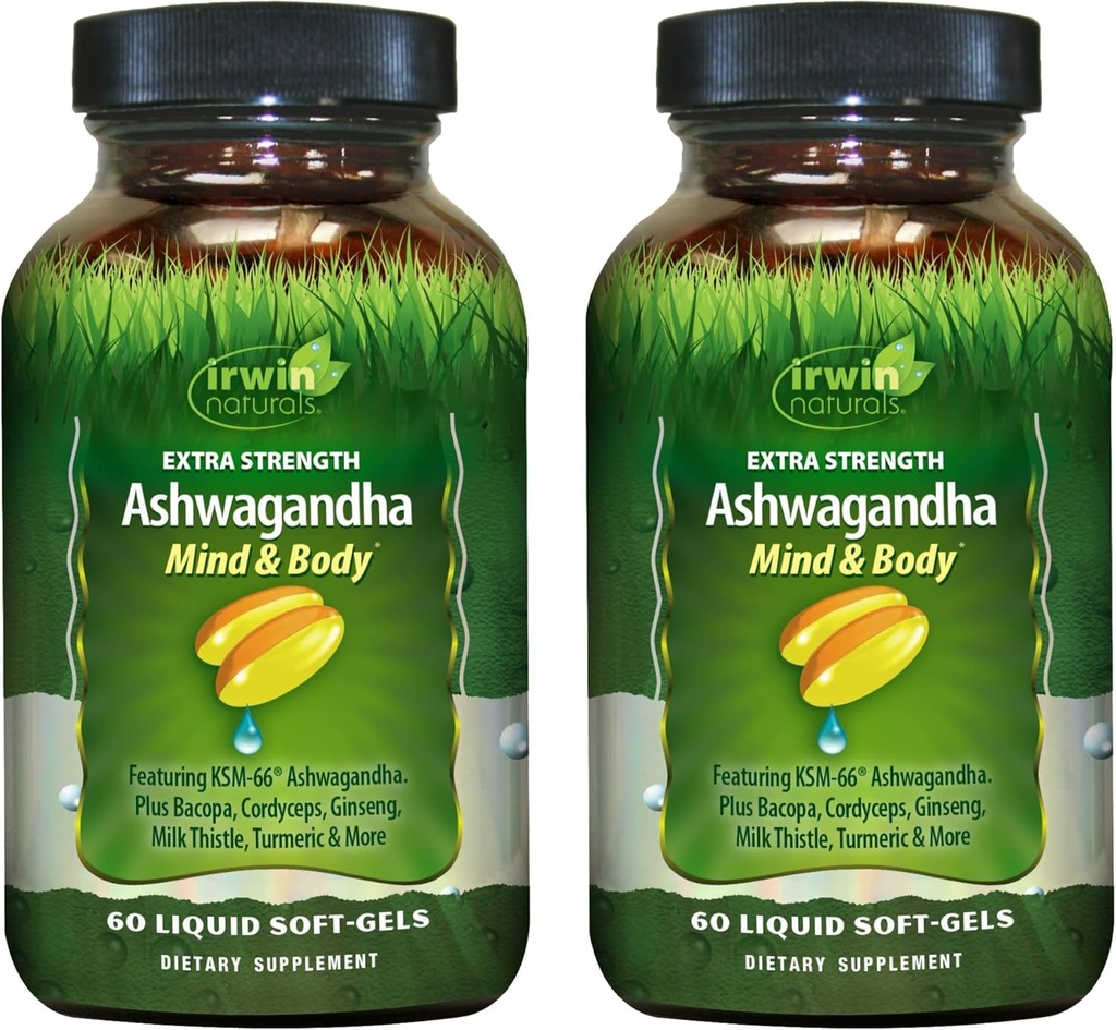 Irwin Naturals Extra Strength Ashwagandha - 60 Liquid Soft-Gels - aide à stimuler la performance physique et mentale - avec le chardon de lait et de tumérique - 60 portions
