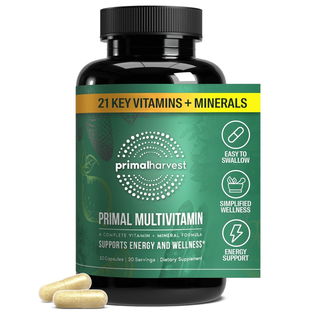 Primal Récolte Primal Multivitamine - Supplément multivitamine quotidien avec 21 vitamines et minéraux essentiels pour les femmes et les hommes - vitamine A, C, D, E, B12, B6, biotine, acide folique, zinc, cuivre et sélénium