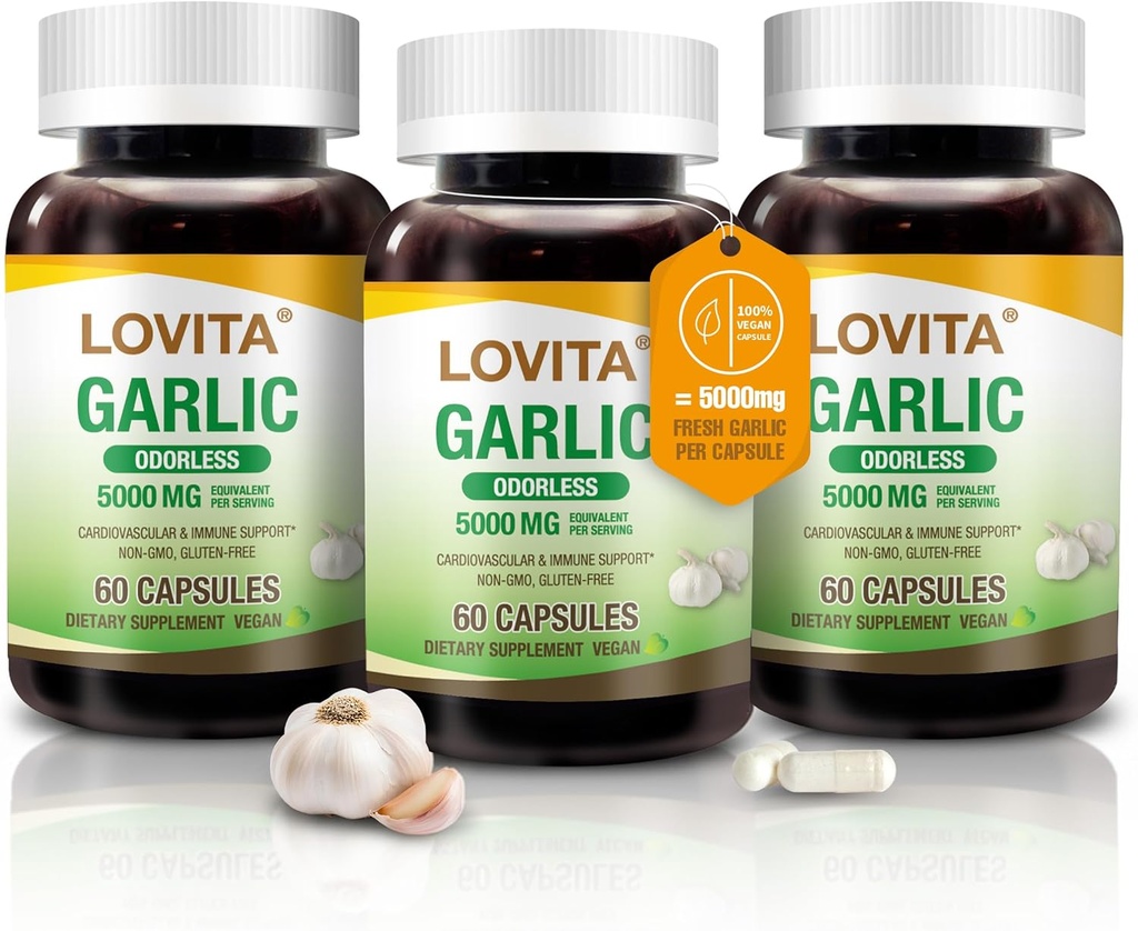 Lovita Odorless Knoblauch Kapseln, 5000mg Frische Knoblauch Äquivalent, 1,25% Allicin-Extrakt, Unterstützt Herz, Blutdruck, Cholesterol & Immunsystem, Non-GMO, Gluten-Free, 180 Vegan Kapseln