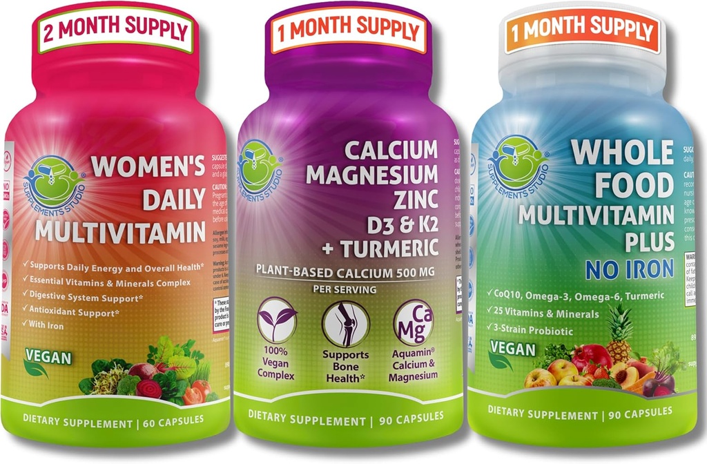 Vegan Multivitamine & Calcium Trio – Ganzes Lebensmittel Multivitamin mit Iron + Women’s Daily Multivitamin mit Eisen + pflanzenbasiertem Calcium, Magnesium, Zink, D3, K2 & Turmeric – Energie, Knochen & Immununterstützung