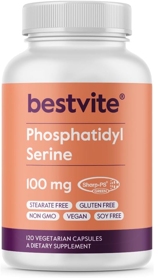 BESTVITE Phosphatidylserine 100mg pro Kapsel (120 Vegetarische Kapseln) mit Sharp-PS® Green - Patentiert und klinisch getestet - Stearatefrei - Sojafrei - Glutenfrei - Vegan - Non GMO