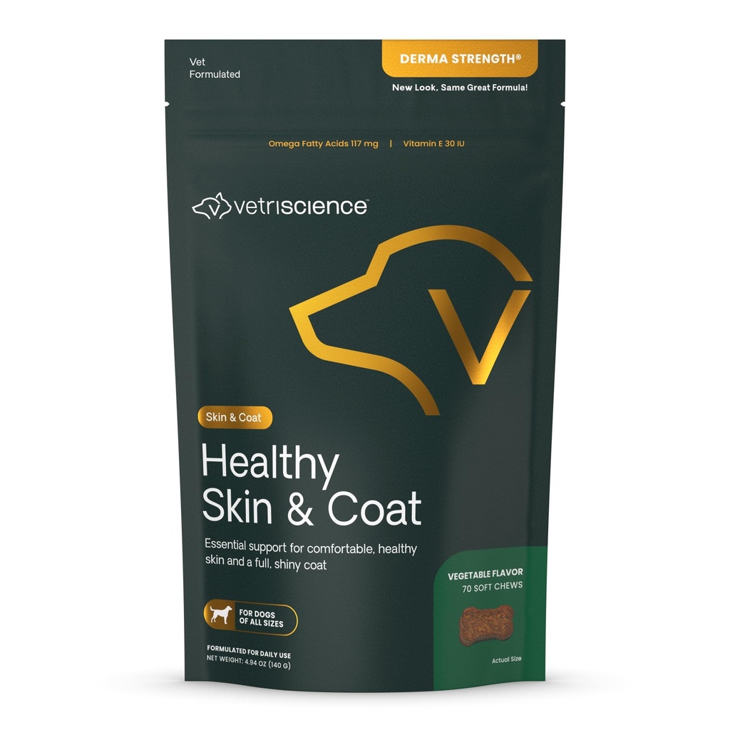 VetriScience Gesunde Haut- & Coat Chews, Derma Stärke Omega-3 Salmon Ölergänzung für Hunde, Omega Skin und Coat Chews, Hautgesundheit, Mantelwachstum, Fischöl und Vitamin E, Veggie, 70 Count