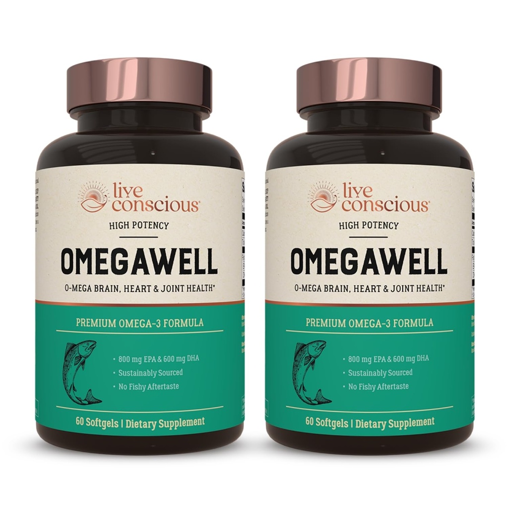 Live Conscious OmegaWell Fish Oil: Herz, Gehirn und Joint Support | 800 mg EPA 600 mg DHA - Enteric-Coated, Sustainable Sourced - Einfach zu Swallow 120 Count (2-Pack)