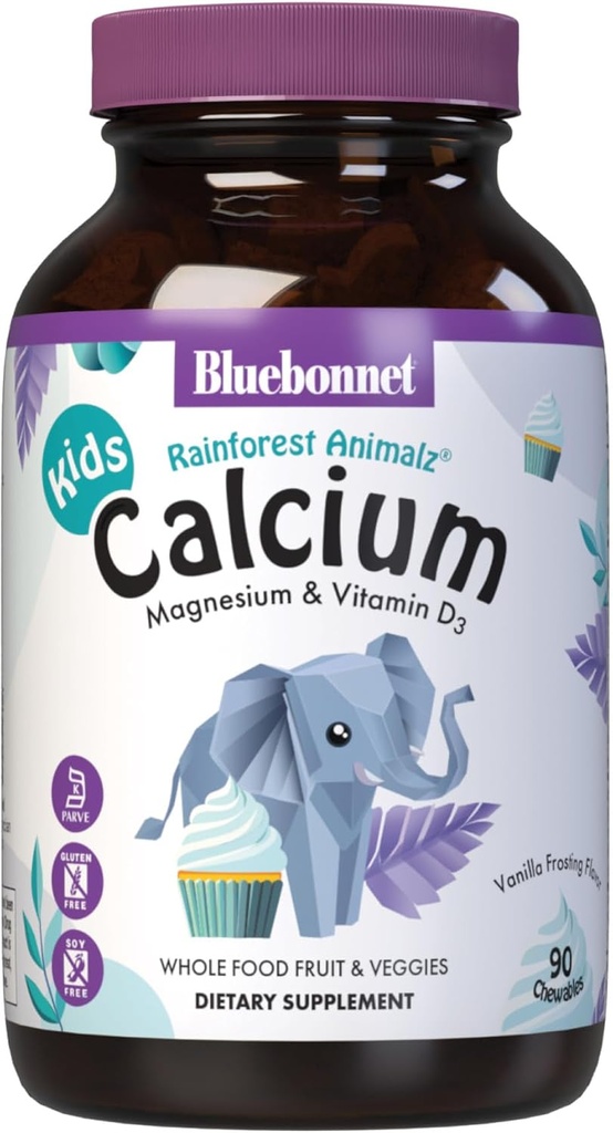 BlueBonnet Super Earth Rainforest Animalz Calcium Magnesium und Vitamin D3 Chews, Natürliche Vanille Frosting, Weiß, 90 Count