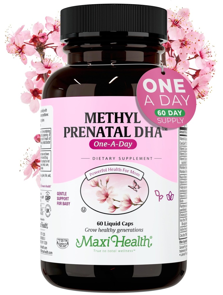 Santé Maxi - Vitamines prénatales Méthyl DHA Femmes - Doctor Formulées, Casher, Sans gluten Multivitamine prénatale avec 25 nutriments incluant DHA, acide folique et plus, 60 capsules liquides