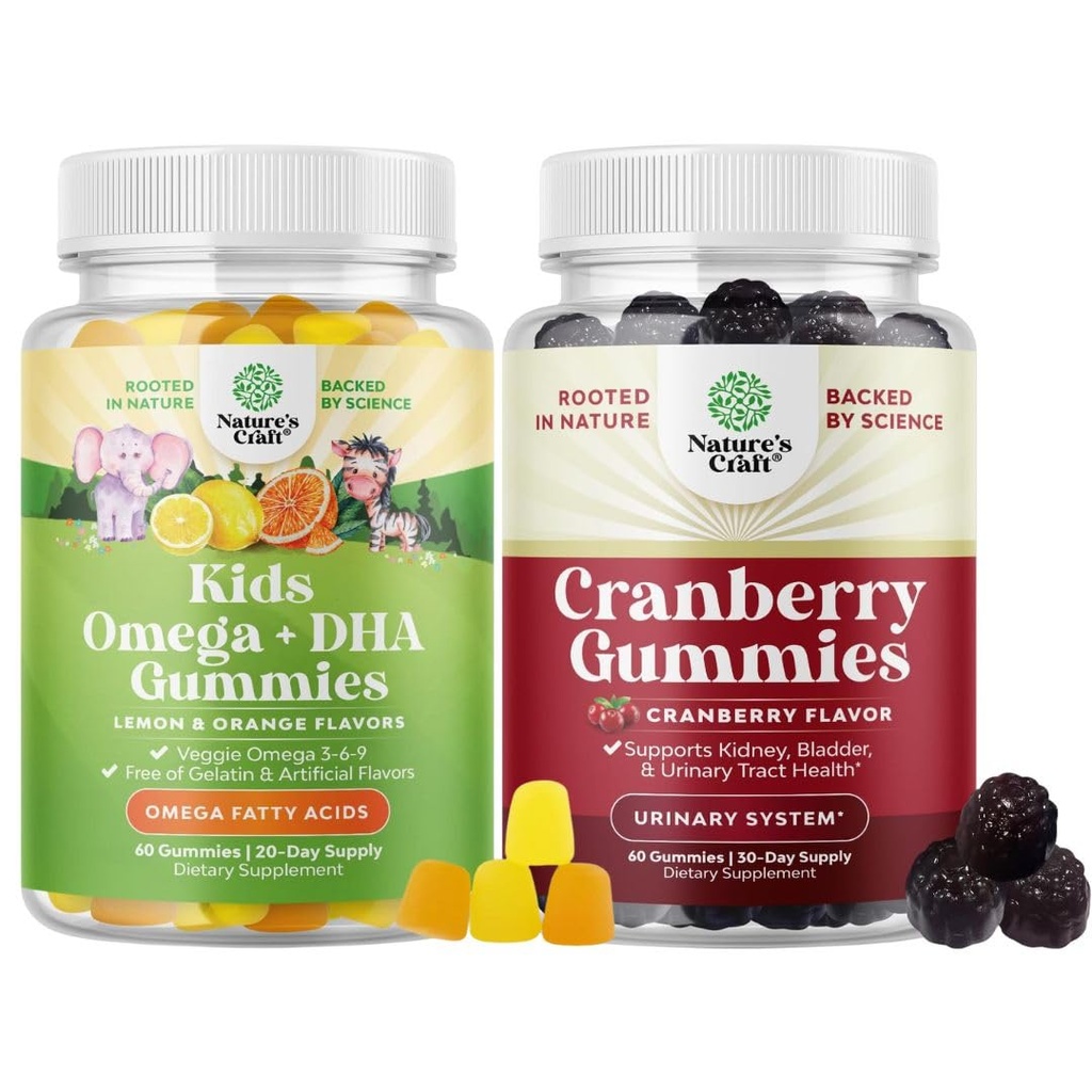 Bündel von pflanzenbasierten Omega 3 Gummis für Kinder und natürliche Cranberry Gummis für Frauen und Männer - für Vision Immunität und Fokus Unterstützung - für Urinary Tract Health Kidney Support Bladder und Immunität