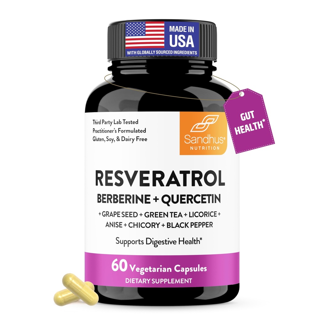 Sandhu's Resveratrol avec Berberine pour la santé Gut.com Supplément digestif pour les femmes et les hommes.