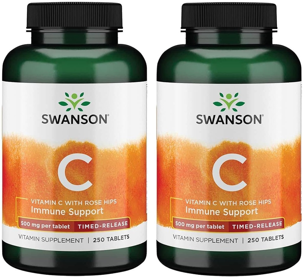 Swanson Timed-Release Vitamin C mit Rose HIPS Immunsystem Unterstützung Haut Herz-Kreislauf-Gesundheit Antioxidans Ergänzung 500 mg 250 Tabletten (Tabs) (2 Packung)