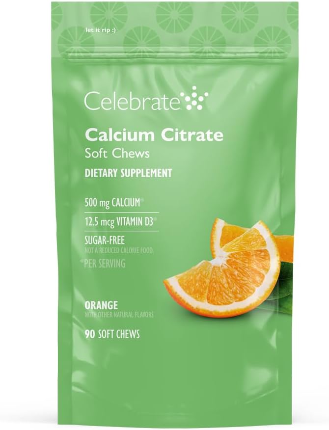 Célébrez les vitamines bariatriques 500mg Citrate de calcium avec 500 UI de vitamine D3 – essentiel pour les patients de passage gastrique et santé des os - sans sucre et sans gluten, orange (90 Chews)