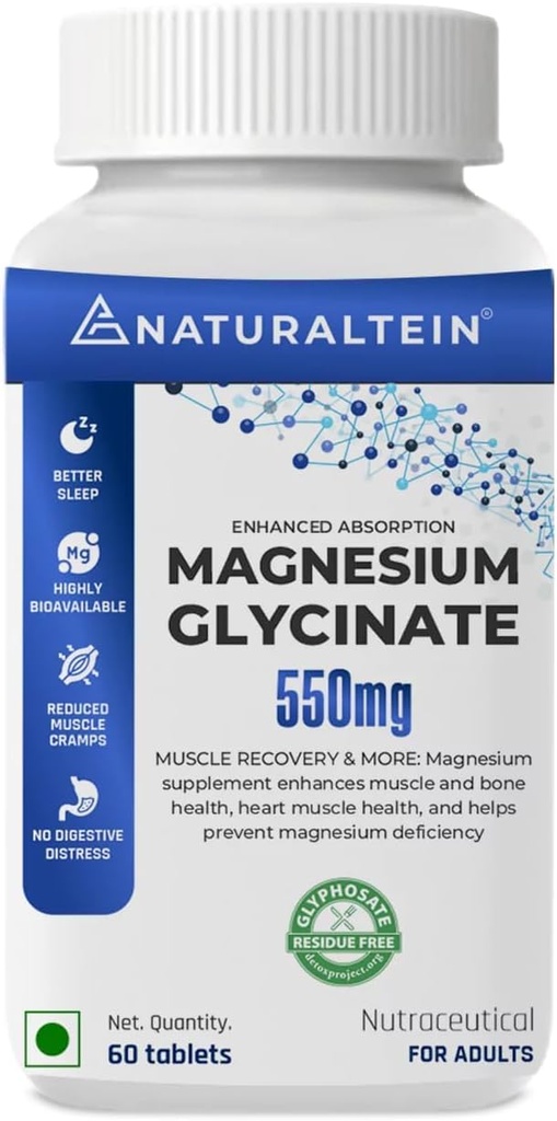 Magnesium Glycinate Supplement - 60 Tabletten x 121 mg Elemental Magnesium, 555 mg Einmal täglich Frauen reines Chelat Bisglycinat für gute Gesundheit und Schlaf - Geprüft und vertraut für Schwermetalle