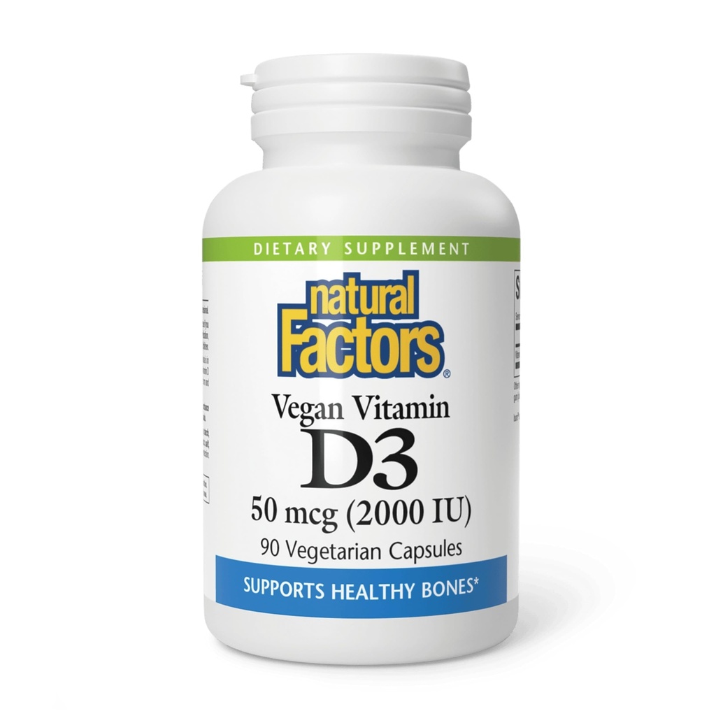 Natürliche Faktoren Vegan Vitamin D3 2000 IU - Unterstützt Knochen & Immune Gesundheit - Pflanzenbasierte Cholecalciferol - Vegetarische Kapseln - 90 Kapseln (90 Portionen)