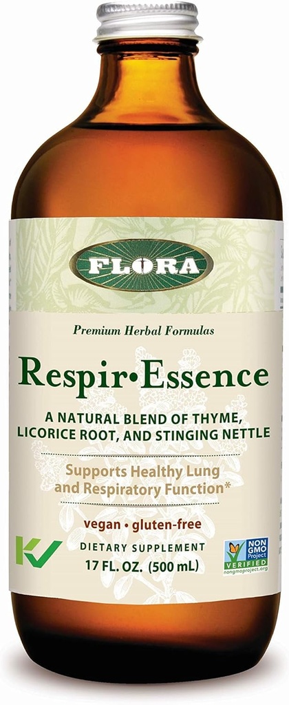 Flora - Respir-Essence - Soutiens Santé pulmonaire et respiratoire - Contient Thym, Racine de réglisse, Elecampane et plus - Non-OGM, végétalien, sans gluten et sans casher - 17 fl. oz. Bouteille en verre