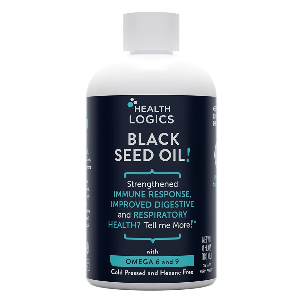 Health Logics Black Seed Oil | Rich Source of Omega 6 & Omega 9 | Pure Cold Pressed Black Cumin Seed Oil for Respiratory, Digestive und Immune Health | 6 fl oz