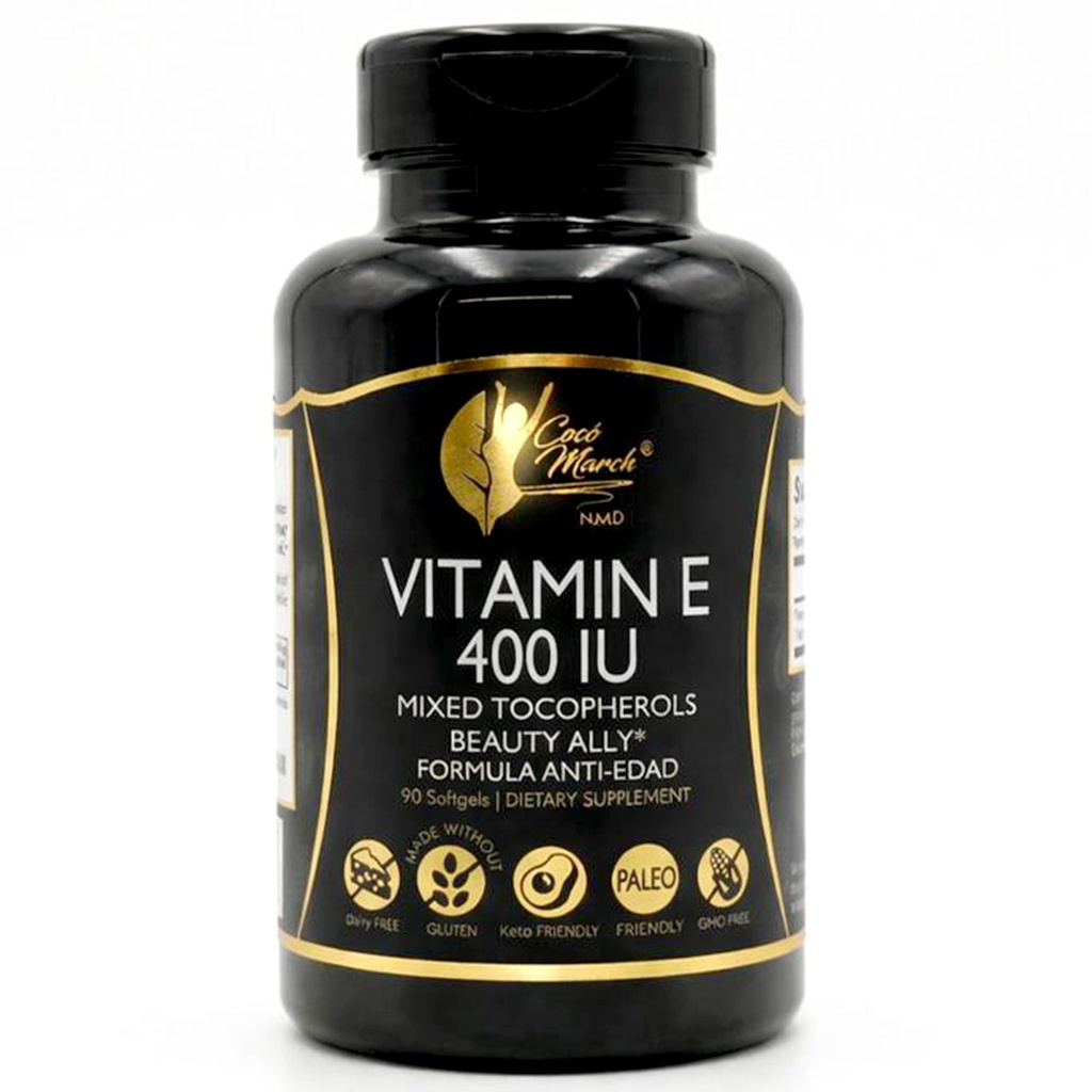 Cocó March N.M.D Natural Vitamin E 400 IU-Mixed Tocopherols, Beauty Ally, 3 Month Supply - Glutenfrei, Paleo Friendly, Dairy Free, Keto Friendly, GMO Free, 100 Softgels