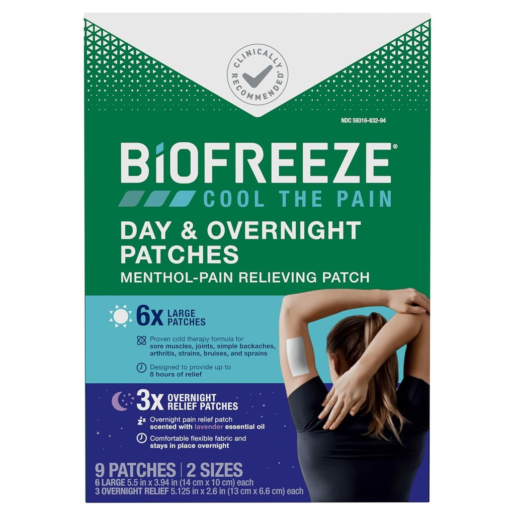 Biofreeze Day & Overnight Pain Relief Patches, Menthol Pain Patches pour Arthrite & Douleur musculaire Relief, Tissu confortable et flexible Rester en place, FSA/HSA Admissible, 9 Patches (6 Jour, 3 Nuit)