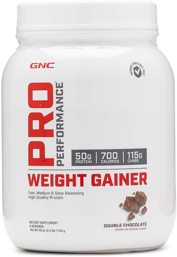 GNC Pro Performance Weight Gainer Protein Powder, 50g Protein, High Calorie, 700 Kalorien, unterstützt Massen- und Muskelrückgewinnung, MCT, BCAA, 3. Partei Getestet, Doppelschokolade, 6 Servierungen, 2,5 lbs