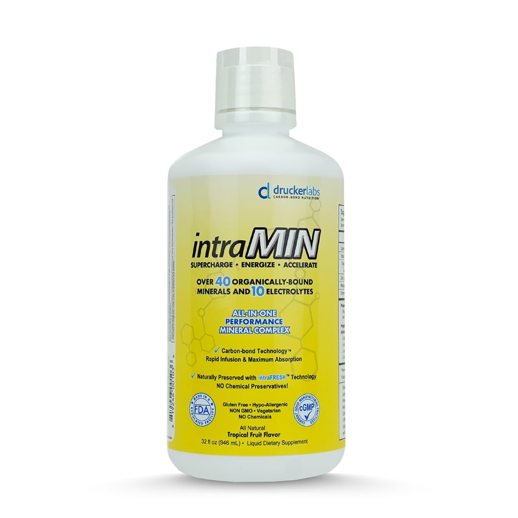DRUCKER Labs - IntraMIN Organic Liquid Trace Minerals Complément alimentaire pour hommes, femmes, enfants, soutien immunitaire, soutien musculaire, non OGM, sans gluten, végétalien, électrolytes (32 oz, punch de fruits tropicaux)